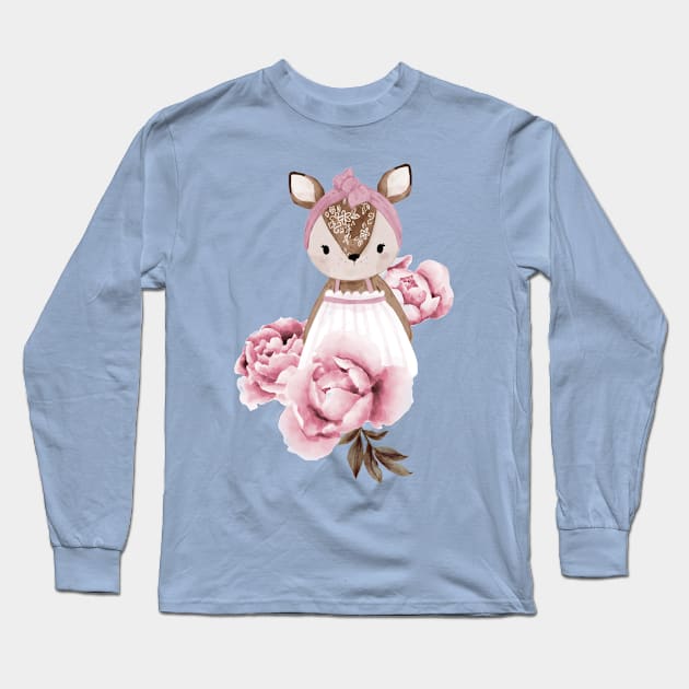 Deer Peony Long Sleeve T-Shirt by Brzozowska